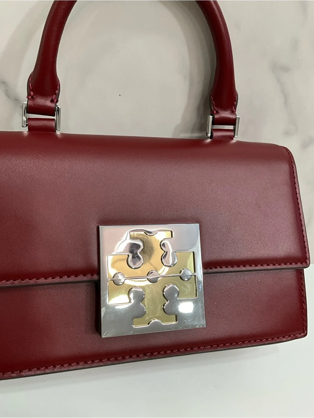 TORY BURCH Bon Bon Spazzolato Leather Mini Top Handle Crossbody Bag Burgundy